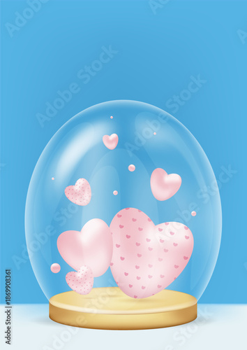 Volumetric hearts under a glass dome. A golden display platform with hearts floating on a glass dome. Vector illustration on the theme of love.