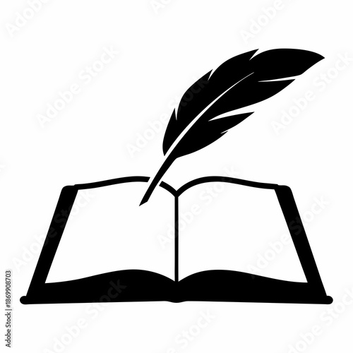 A silhouette of an open book with a feather pen on top