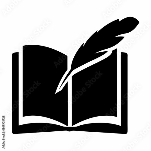 Open book with feather quill pen, symbolizing writing and literature