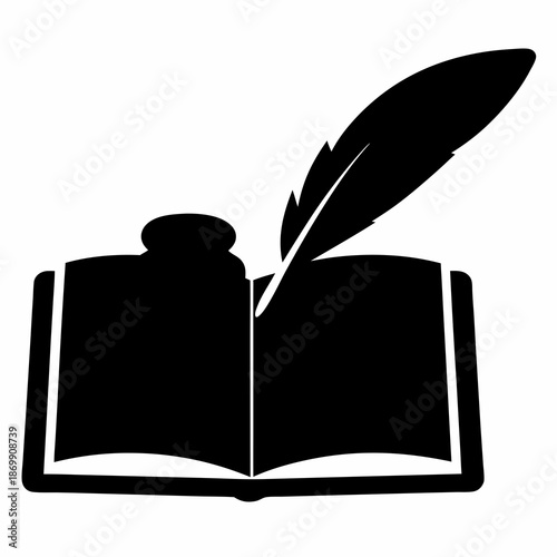 An illustration of an open book with quill and ink well on top
