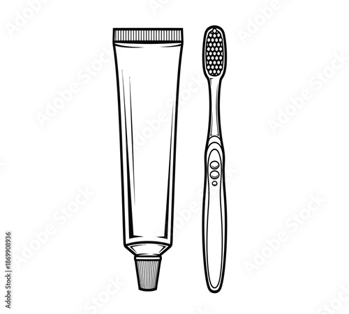 A simple black and white illustration depicts a tube of toothpaste and a toothbrush side by side
