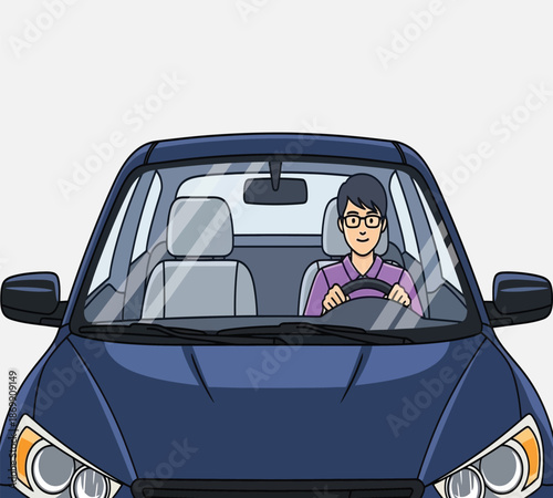 A cartoon illustration depicts a young man driving a dark blue car focused on the road ahead