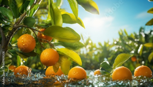 Fresh oranges growing on a tree branch surrounded by shimmering water and lush green foliage under a bright blue sky