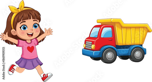 Cute little girl running happily beside colorful dump truck toy, fun children cartoon illustration for education and preschool learning