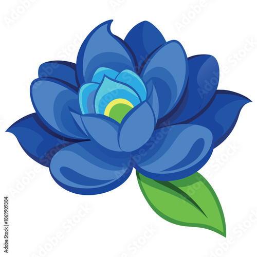 A blue lotus flower with layered petals and a yellow center, flat vector illustration