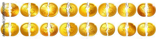 Vector Set of Dollar Gold Coin Vector Illustrations Cracking and Breaking from the Middle, Symbolizing Financial Crisis, Economic Loss, Inflation and Money Risk. Ideal for Finance Presentations