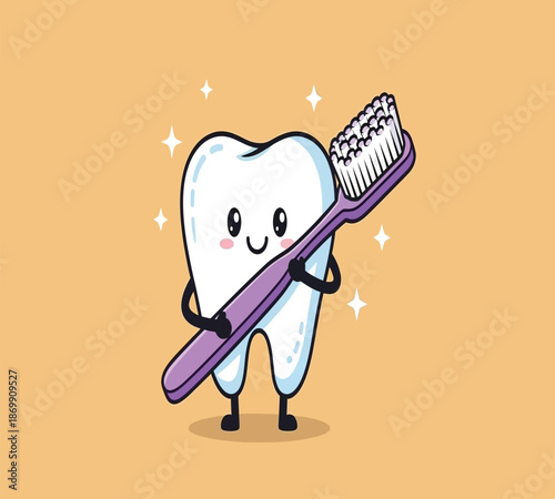 A charming cartoon tooth happily embraces a purple toothbrush sparkling with cleanliness and dental health