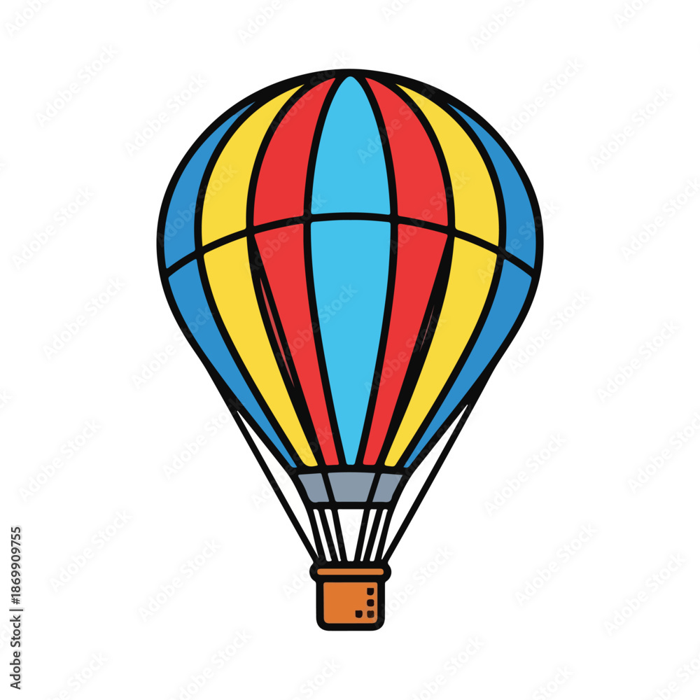 Fototapeta premium A colorful hot air balloon vector illustration flies high in the sky, featuring a rainbow basket for a fun travel adventure and freedom in air transportation