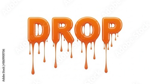 Orange liquid dripping text drop isolated on white background