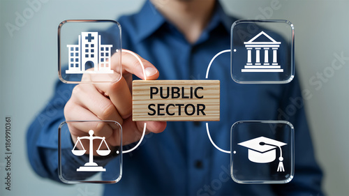 Public Sector Services and Infrastructure Concept: Businessman Managing Healthcare, Education, Law, and Government Icons
