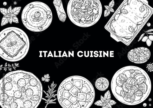 Italian cuisine top view frame. Italian food. Vector drawing illustration. Set of sketches of Italian dishes. Food menu design template. Not AI generated.