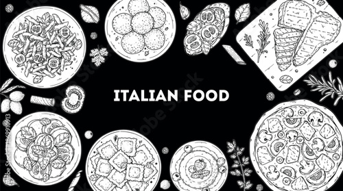 Italian cuisine top view frame. Italian food. Vector drawing illustration. Set of sketches of Italian dishes. Food menu design template. Not AI generated.