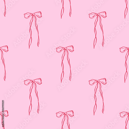Simple seamless pattern with elegant bright pink bows on a light pink background. Coquette whimsical hand drawn pink color bows and wavy squiggle curly ribbons in trendy, elegant vintage styles.