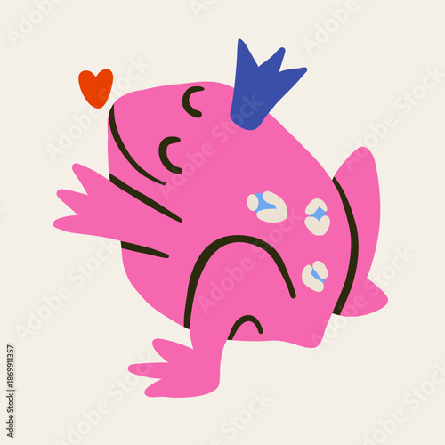 A cute pink frog wearing a crown and with leopard spots on her back. A frog princess looking for love. Vector illustration for Valentine's Day.
