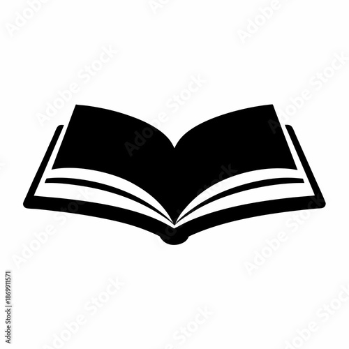Black and white icon illustration of an open book representing knowledge