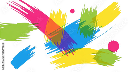 Vibrant abstract colorful illustration with dynamic brush strokes and splatters on a clean white background viewed from a straightforward perspective