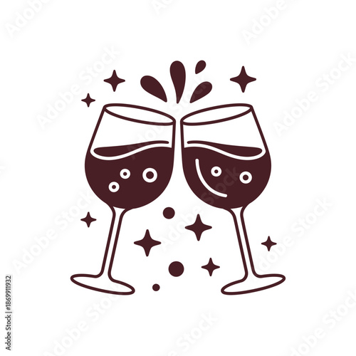 Two wine glasses clink together in a festive toast, symbolizing a happy celebration or romantic occasion.