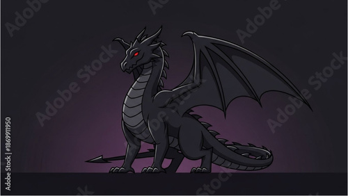 A majestic dragon stands alone in a dark, mysterious environment, its wings spread wide.