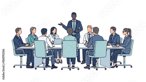 Business meeting in a conference room with a man presenting to colleagues seated around a table