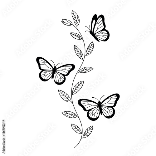 Three delicate butterflies flutter gracefully around a slender vine branch with small leaves in monochrome.