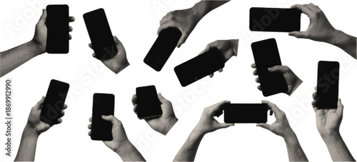 Set of halftone collage showcasing hand gestures and phone interaction. Vector dot design.
