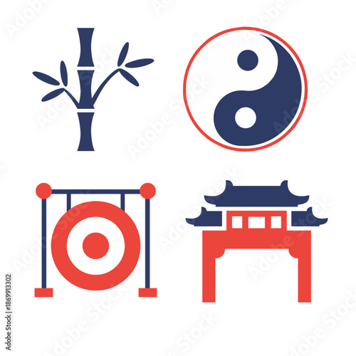 Chinese Culture and Oriental Tradition Icon Set, 4 Vector Icons, Flat Two-Tone Style. vector illustration of a japanese background