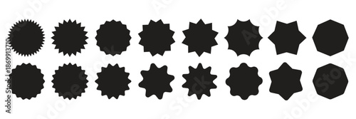 Set of red starburst. Price sticker, sale sticker, price tag, starburst, quality mark, retro stars, sale. Circle sticker set. Wavy edge promo red badges. Star burst shape tags for price. Red sale tag