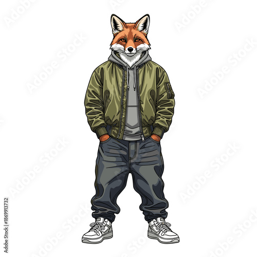 Urban fox wearing olive green jacket and jeans for stylish street character illustrations