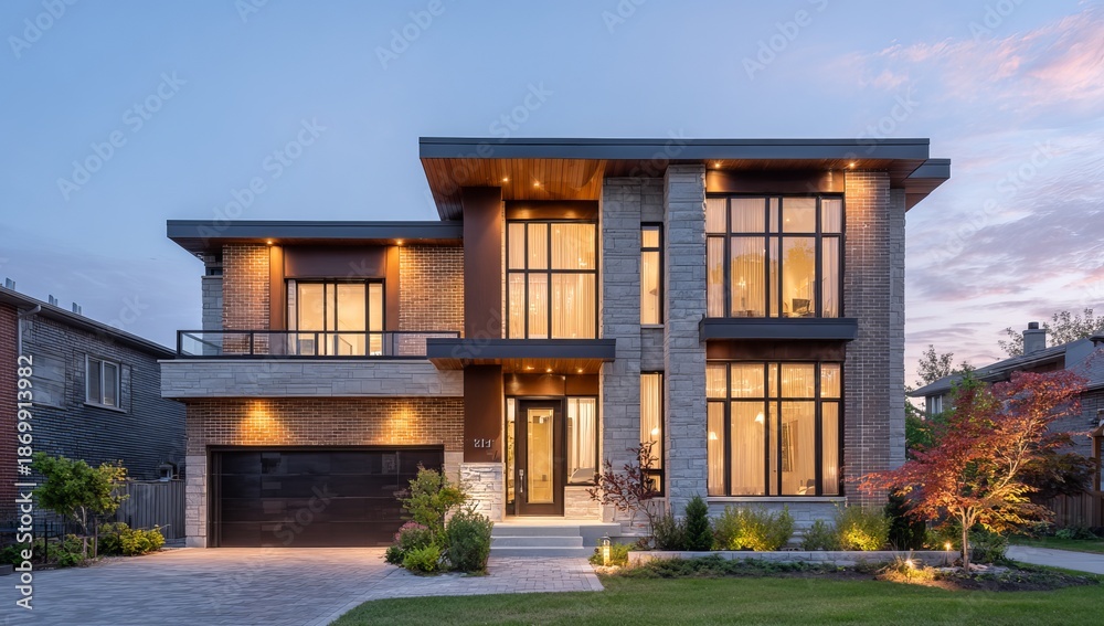 Fototapeta premium Modern Luxury House Exterior at Dusk with Warm Lighting