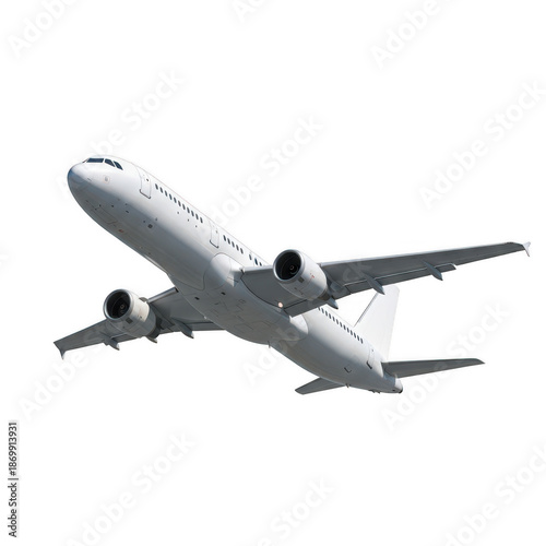 Modern jet airliner flying through clear sky isolated on transparent background
