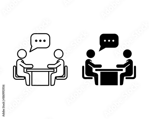 Fényképezés Two people sitting at a table with speech bubbles above their heads in black and