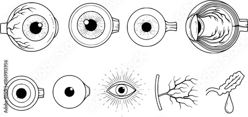 Eye anatomy icons set: monochrome linear styles for medical design
