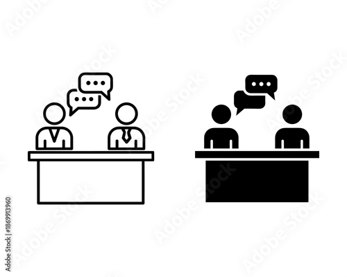 Two people speaking at podiums with speech bubbles containing ellipses and dots