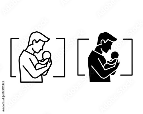 Two silhouettes of people holding babies in a rectangular frame person baby