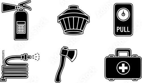 Fire safety equipment icons in a simple, bold, black and white style
