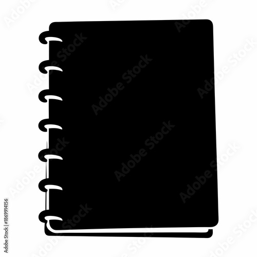 Black silhouette of a disc bound notebook, isolated on white background