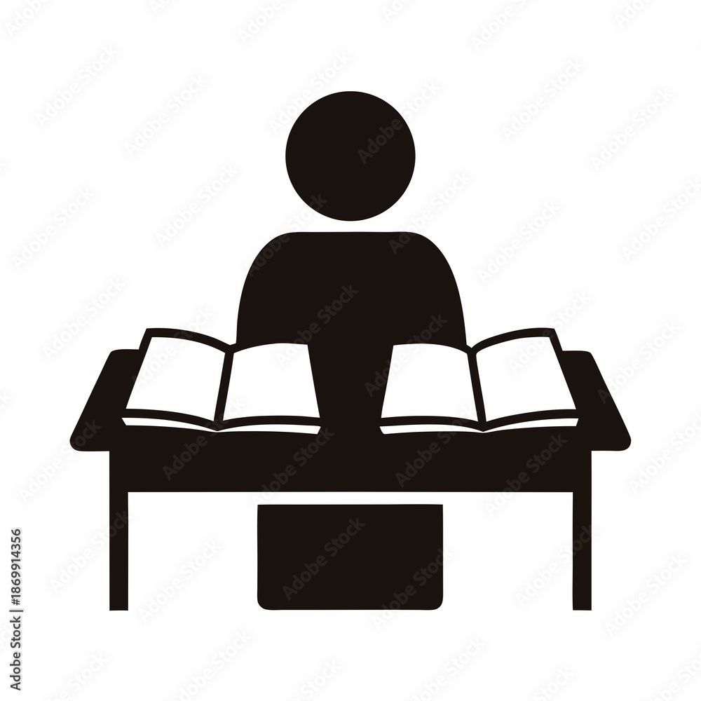 Fototapeta premium Student at a desk with books studying and learning, vector illustration
