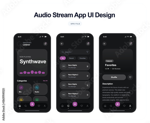 Mobile app interface displays audio streaming service design concept