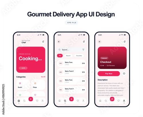 A gourmet food delivery app's UI design on three smartphone screens