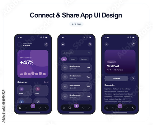The Connect & Share App UI Design showcases three mobile phone screens