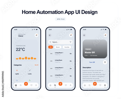 Smartphone screens display home automation app interface with controls