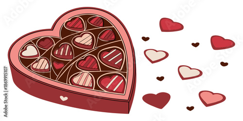 A heart-shaped box of chocolates with floating hearts, vector