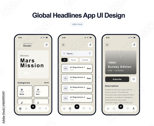 Global Headlines App UI Design Screens Displayed on Mobile Devices