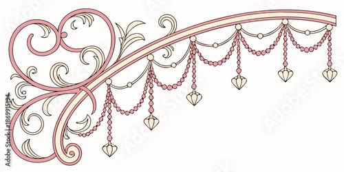 Elegant decorative border with scrolls and draped beads, vector