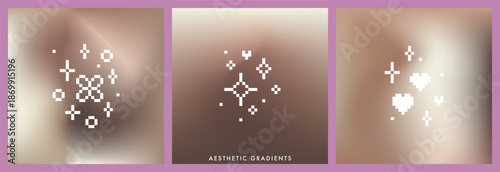 Brown and beige gradient background with 8 bit style pixel glitter sparkle element. Abstract blurry vector texture. Y2k aesthetic pattern. Square mocha gradient bg for poster, banner, social media