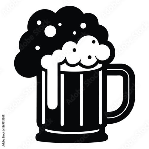 Beer Mug with Thick Foam Head Silhouette, Black and White Vector Icon for Octoberfest and Party Designs