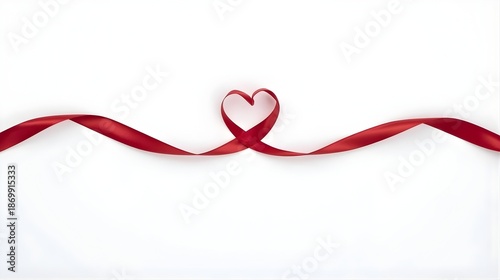 Elegant Red Satin Ribbon Forming a Heart Shape Centered on a Pure White Background