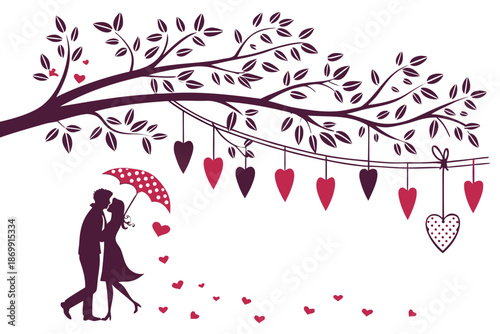A romantic vector illustration of a couple kissing under a heart-decorated tree branch, vector