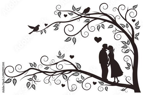 Romantic couple kissing on a tree branch with birds and hearts, vector