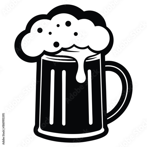 Beer Mug with Overflowing Foam Silhouette, Black and White Vector Illustration for Pub and Tavern Graphics